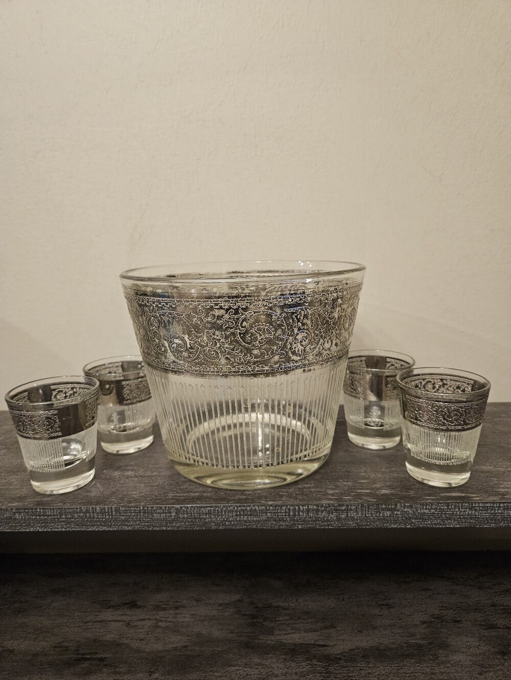 Vintage Starlyte MCM Silver Filigree Ice Bucket & 4 Shot Glasses